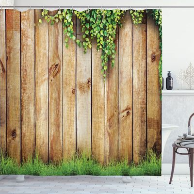Ambesonne Rustic Shower Curtain, Fresh Spring Season Grass and Leaf Plant Over Old Wood Fence Garden Field Photo, Cloth Fabric Bathroom Decor Set with Hooks, 84" Extra Long, Green Brown