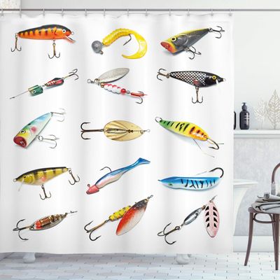 Ambesonne Fishing Shower Curtain, Several Fish Hook Equipment Objects Trolling Angling Netting Gathering Activity, Cloth Fabric Bathroom Decor Set with Hooks, 69" W x 84" L, Multicolor White