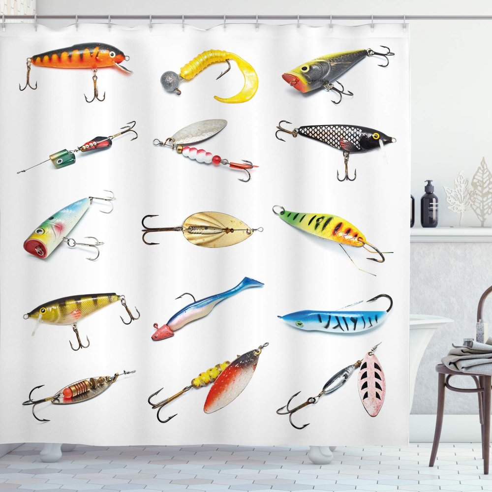 Ambesonne Fishing Shower Curtain, Several Fish Hook Equipment Objects Trolling Angling Netting Gathering Activity, Cloth Fabric Bathroom Decor Set with Hooks, 69" W x 84" L, Multicolor White