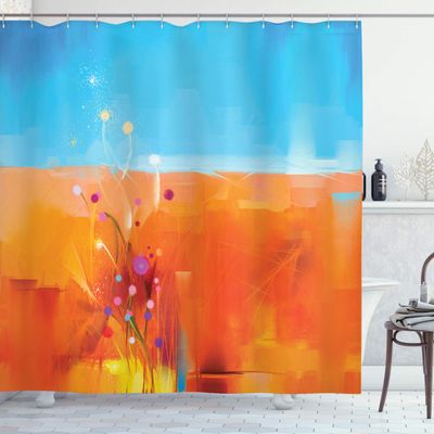 Ambesonne Flower Shower Curtain, Abstract Meadows Under Blue Sky Nature Themed Art Beauty Floral Illustration, Cloth Fabric Bathroom Decor Set with Hooks, 69" W x 84" L, Orange Purple