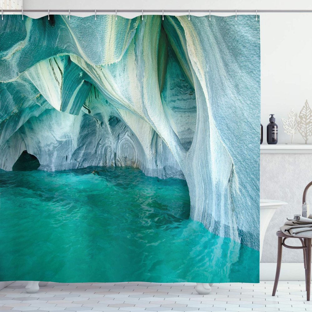 Ambesonne Nature Shower Curtain, Natural Marble Cave at European Mediterranean Lake Geologic Eroded Art Photo, Cloth Fabric Bathroom Decor Set with Hooks, 69" W x 84" L, Turquoise Grey