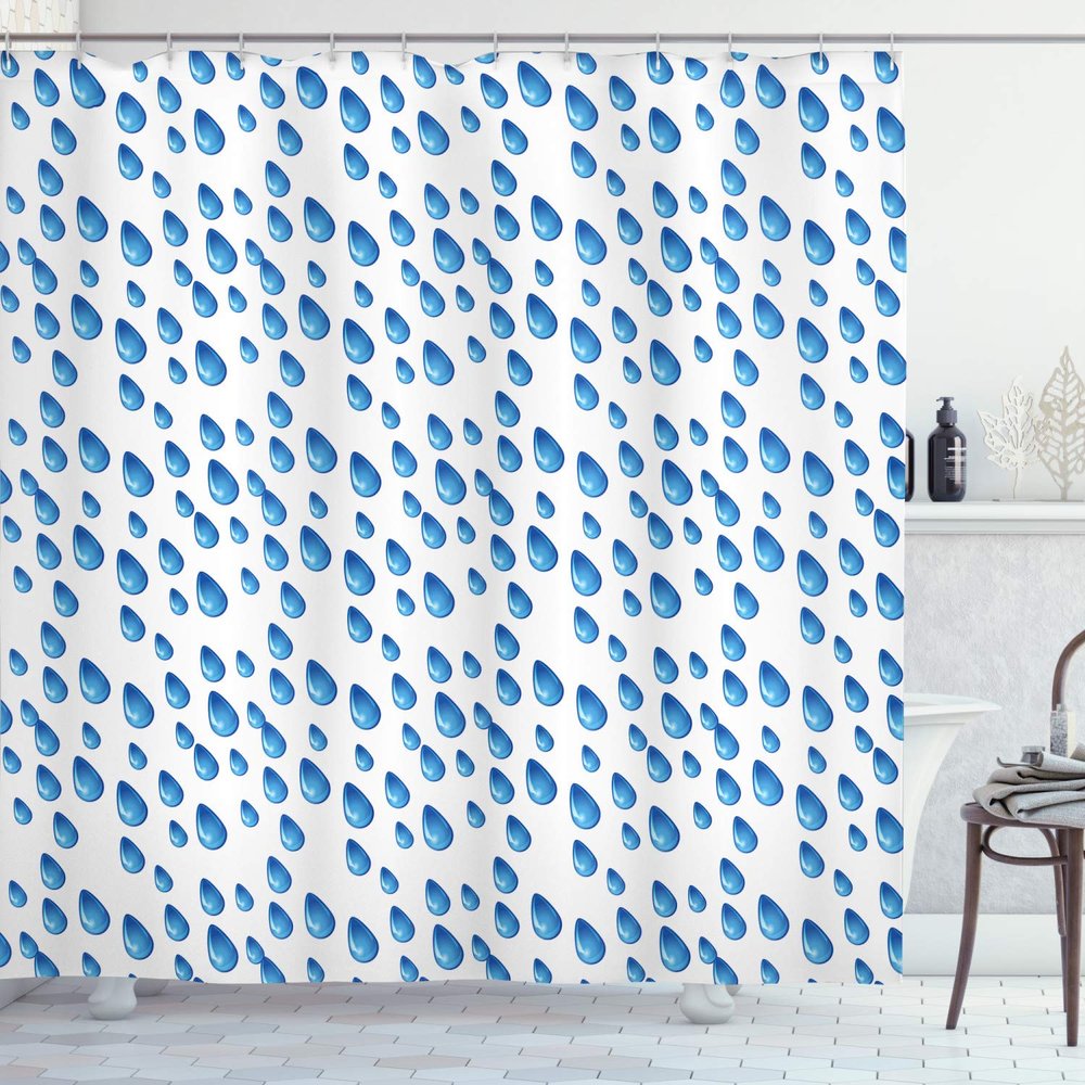 Ambesonne Autumn Shower Curtain, Raindrops Fall Autumn Climate Liquid Gravity Water Cycle Air Mass Image, Cloth Fabric Bathroom Decor Set with Hooks, 69" W x 84" L, Blue and White