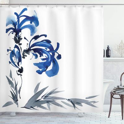 Ambesonne Oriental Shower Curtain, Watercolors Eastern Floral Motif Brushstroke Effect Hand Drawn Work of Art Image, Cloth Fabric Bathroom Decor Set with Hooks, 69" W x 75" L, Gray Blue
