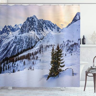 Ambesonne Mountain Shower Curtain, Landscape of Snowy Mountain at Sunset Pine Trees Tranquility in Winter Theme, Cloth Fabric Bathroom Decor Set with Hooks, 69" W x 75" L, White Green
