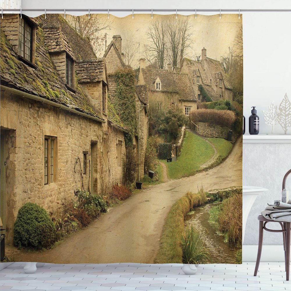 Ambesonne European Shower Curtain, British Town with Stone Houses Retro England Countryside Buildings Image Print, Cloth Fabric Bathroom Decor Set with Hooks, 69" W x 75" L, Grey Green