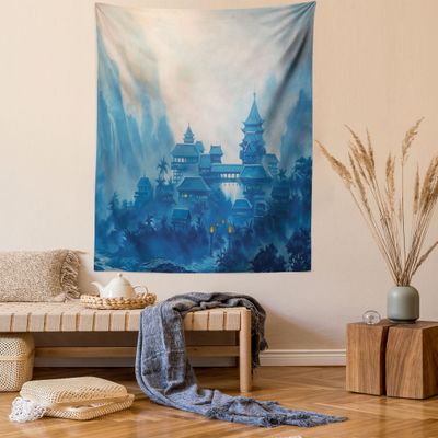 Ambesonne East Tapestry, Watercolor Painting Chinese Building Paint Mist at Night Oriental Image Illustration, Wall Hanging for Bedroom Living Room Dorm Decor, 60" X 80", Blue