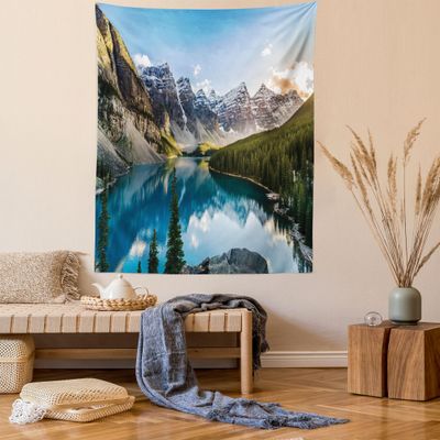 Ambesonne Mountain Tapestry, Nature Landscape of Moraine Lake and Mountain at Sunset Pine Tree Natural Beauty, Wall Hanging for Bedroom Living Room Dorm Decor, 60" X 80", Blue Green