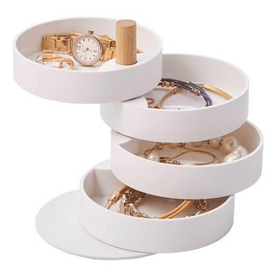 YAMAZAKI Home Tosca Rotating Jewelry Organizer, 4-Tier Storage Box, Stacked Accessory Trays With Wooden Dowel - Small - Plastic + Wood
