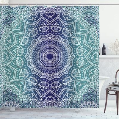 Ambesonne Navy and Teal Shower Curtain, Cosmic Diagram Art Mandala Circle Ombre Art Illustration, Cloth Fabric Bathroom Decor Set with Hooks, 69" W x 75" L, Night Blue
