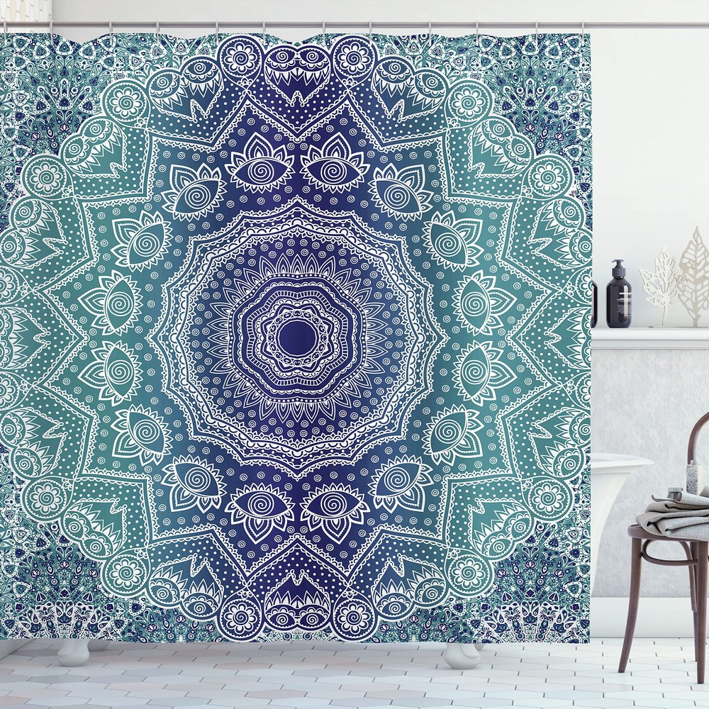 Ambesonne Navy and Teal Shower Curtain, Cosmic Diagram Art Mandala Circle Ombre Art Illustration, Cloth Fabric Bathroom Decor Set with Hooks, 69" W x 75" L, Night Blue