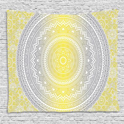 Ambesonne Grey and Yellow Tapestry, Soft Pastel Color Ombre Mandala Circular Art Medallion Print, Wide Wall Hanging for Bedroom Living Room Dorm, 80" X 60", Grey Yellow