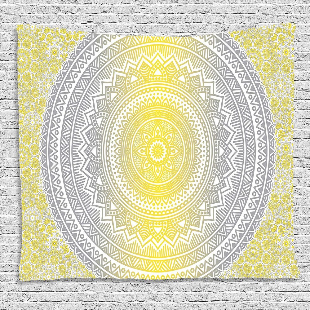 Ambesonne Grey and Yellow Tapestry, Soft Pastel Color Ombre Mandala Circular Art Medallion Print, Wide Wall Hanging for Bedroom Living Room Dorm, 80" X 60", Grey Yellow