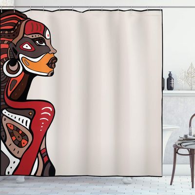 Ambesonne African Shower Curtain, Profile of Beauty Totem Ethno Fashion Girl with Tattoos Illustration, Cloth Fabric Bathroom Decor Set with Hooks, 69" W x 84" L, Pale Grey Burgundy Apricot