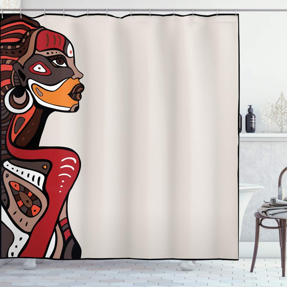 Ambesonne African Shower Curtain, Profile of Beauty Totem Ethno Fashion Girl with Tattoos Illustration, Cloth Fabric Bathroom Decor Set with Hooks, 69" W x 84" L, Pale Grey Burgundy Apricot