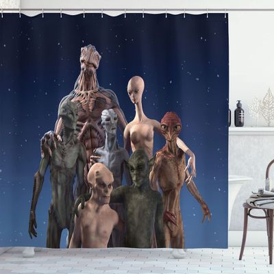 Ambesonne Outer Space Shower Curtain, Alien Group Race Diverse Creatures Under a Starry Night Martian Family Image, Cloth Fabric Bathroom Decor Set with Hooks, 69" W x 70" L, Navy Pink