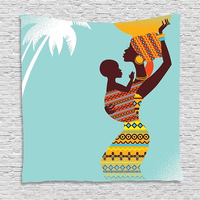 Ambesonne African Tapestry, Mother with Her in Clothes Retro Style Fashion Image, Wall Hanging for Bedroom Living Room Dorm Decor, 40" X 60", Turquoise Marigold