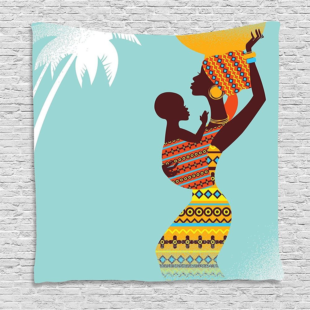 Ambesonne African Tapestry, Mother with Her in Clothes Retro Style Fashion Image, Wall Hanging for Bedroom Living Room Dorm Decor, 40" X 60", Turquoise Marigold