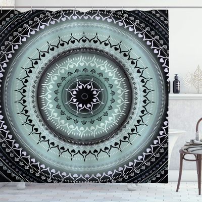 Ambesonne Mandala Shower Curtain, Vintage Yantra with Lines Path of Soul Inner Peace Energy Cosmos Design, Cloth Fabric Bathroom Decor Set with Hooks, 69" W x 75" L, Blue Black