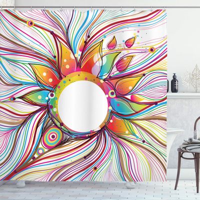 Ambesonne Abstract Shower Curtain, Absurd Vector Smoky Wavy Floral Design Rainbow Alike Stripes and Lines Print, Cloth Fabric Bathroom Decor Set with Hooks, 69" W x 70" L, White Teal Apricot