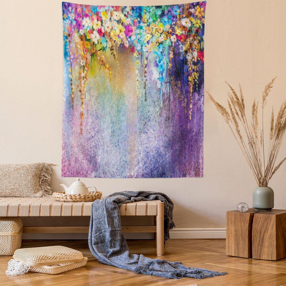 Ambesonne Flower Tapestry, Abstract Herbs Alternative Medicine Blossoms Ivy Back Florets Shrubs Design, Wall Hanging for Bedroom Living Room Dorm Decor, 60" X 80", Blue Purple