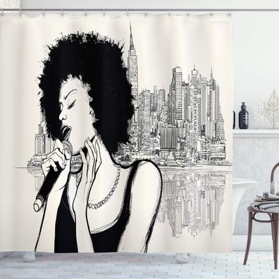 Ambesonne African Shower Curtain, Jazz Musician Lady Performing in Front of New York Manhattan Illustration, Cloth Fabric Bathroom Decor Set with Hooks, 69" W x 70" L, Black Grey and Ivory
