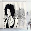 Ambesonne African Shower Curtain, Jazz Musician Lady Performing in Front of New York Manhattan Illustration, Cloth Fabric Bathroom Decor Set with Hooks, 69" W x 70" L, Black Grey and Ivory view 1
