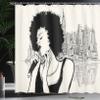 Ambesonne African Shower Curtain, Jazz Musician Lady Performing in Front of New York Manhattan Illustration, Cloth Fabric Bathroom Decor Set with Hooks, 69" W x 70" L, Black Grey and Ivory view 3