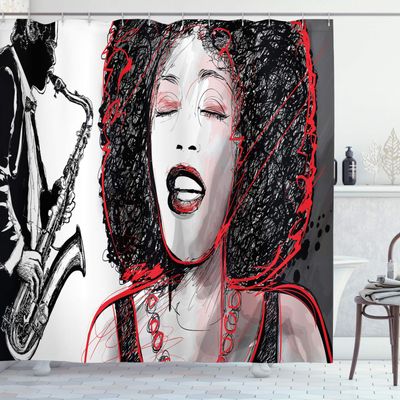 Ambesonne African Shower Curtain, Afro Lady Singing a Jazz Song with Saxophone Player Silhouette Vintage Design, Cloth Fabric Bathroom Decor Set with Hooks, 69" W x 84" L, Pale Grey Black