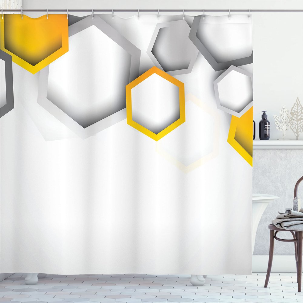 Ambesonne Abstract Shower Curtain, Geometrical Hexagonal Beeswax Shaped Modern Cool Artwork, Cloth Fabric Bathroom Decor Set with Hooks, 69" W x 75" L, Yellow White