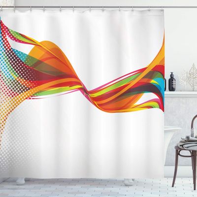 Ambesonne Abstract Shower Curtain, Rainbow Curved Wave Smoke Like Image with Pixel Style Detailed Work of Art Print, Cloth Fabric Bathroom Decor Set with Hooks, 69" W x 75" L, White Multicolor