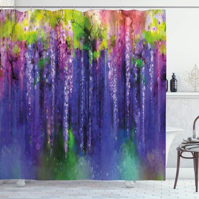 Ambesonne Flower Shower Curtain, Ornamental Wisterias Down of Life Cultivation Botany Artwork Pattern Print, Cloth Fabric Bathroom Decor Set with Hooks, 69" W x 75" L, Purple Green