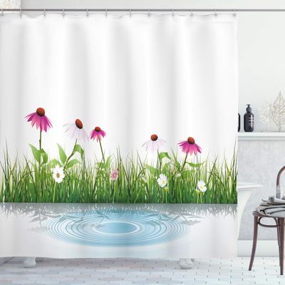 Ambesonne Flower Shower Curtain, Coneflower by The Lake Water Sea Fall Season Hand Drawn Horizontal Hand Drawn Print, Cloth Fabric Bathroom Decor Set with Hooks, 69" W x 75" L, Multicolor