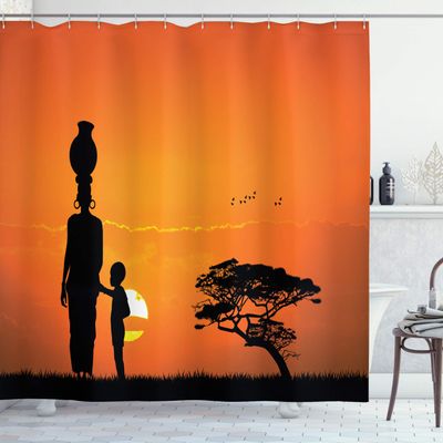 Ambesonne African Shower Curtain, and Mother at Sunset Walking in Savannah Desert Dawn Kenya Nature Image, Cloth Fabric Bathroom Decor Set with Hooks, 69" W x 75" L, Orange Black