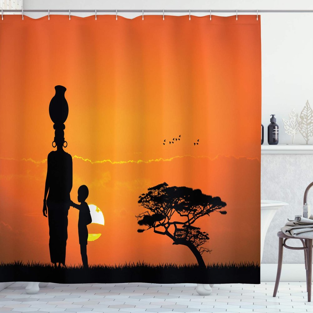 Ambesonne African Shower Curtain, and Mother at Sunset Walking in Savannah Desert Dawn Kenya Nature Image, Cloth Fabric Bathroom Decor Set with Hooks, 69" W x 75" L, Orange Black