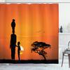Ambesonne African Shower Curtain, and Mother at Sunset Walking in Savannah Desert Dawn Kenya Nature Image, Cloth Fabric Bathroom Decor Set with Hooks, 69" W x 75" L, Orange Black view 1
