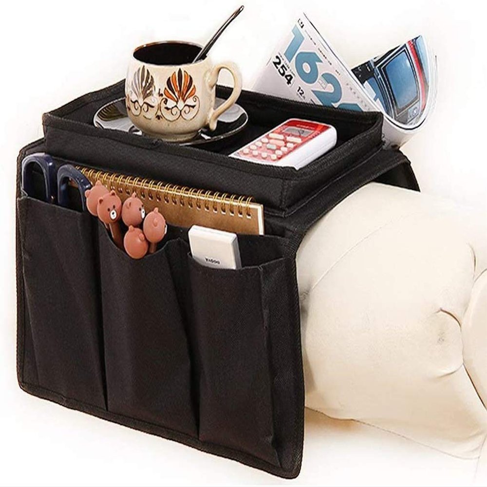 Sofa Armrest Organizer with Cup Holder Tray 6 Pockets TV Remote Control Organizer Sofa Couch Armchair Caddy Organizer Tidy Pocket Hanging Storage Bag Holder for Cellphone Magazine Drinks Snacks Black