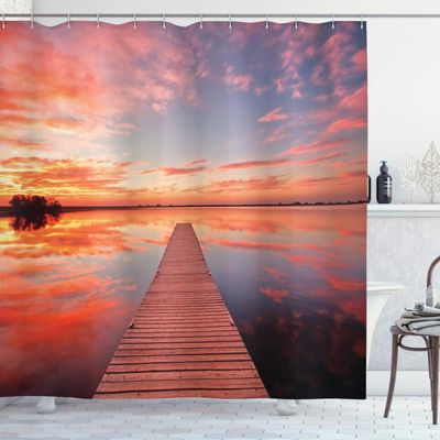 Ambesonne Lake House Shower Curtain, View of The Timber Deck Pier Over Idyllic Sky at Dawn Scenery Print, Cloth Fabric Bathroom Decor Set with Hooks, 69" W x 84" L, Orange Lavender