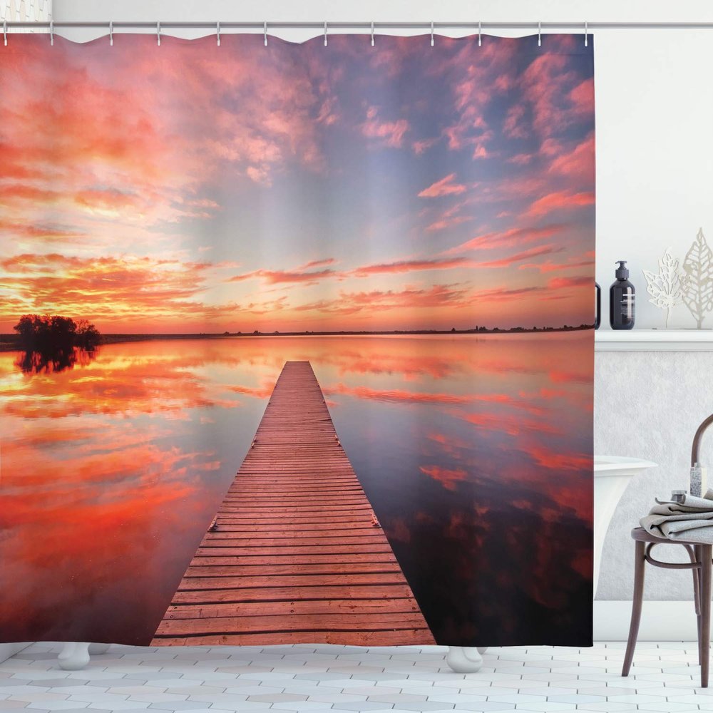 Ambesonne Lake House Shower Curtain, View of The Timber Deck Pier Over Idyllic Sky at Dawn Scenery Print, Cloth Fabric Bathroom Decor Set with Hooks, 69" W x 84" L, Orange Lavender