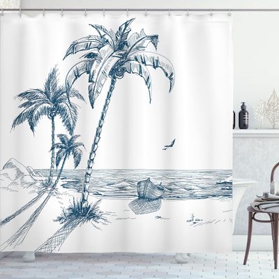 Ambesonne Island Shower Curtain, Sketch Art of a Tropical Seaside Palm Trees Fishing Boat Flying Birds, Cloth Fabric Bathroom Decor Set with Hooks, 69" W x 84" L, Petrol Blue White