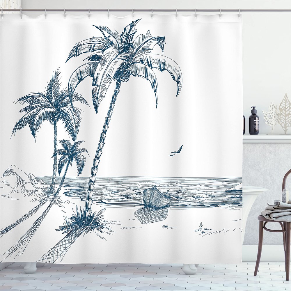Ambesonne Island Shower Curtain, Sketch Art of a Tropical Seaside Palm Trees Fishing Boat Flying Birds, Cloth Fabric Bathroom Decor Set with Hooks, 69" W x 84" L, Petrol Blue White
