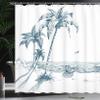 Ambesonne Island Shower Curtain, Sketch Art of a Tropical Seaside Palm Trees Fishing Boat Flying Birds, Cloth Fabric Bathroom Decor Set with Hooks, 69" W x 84" L, Petrol Blue White view 3