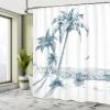 Ambesonne Island Shower Curtain, Sketch Art of a Tropical Seaside Palm Trees Fishing Boat Flying Birds, Cloth Fabric Bathroom Decor Set with Hooks, 69" W x 84" L, Petrol Blue White view 4