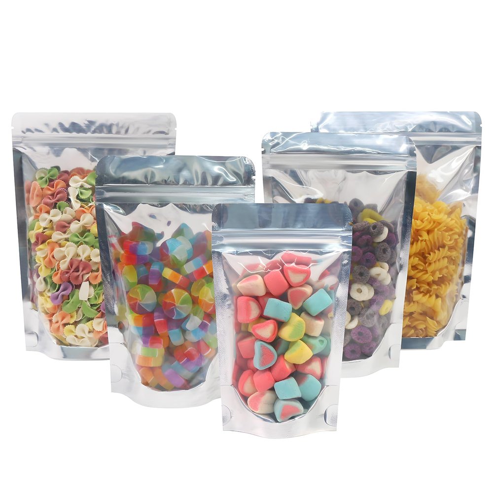 SumDirect Reusable Aluminium Foil Zipper Stand Up Food Pouches Bags with Notch for Food Storage 5.9x8.6 Inches,18.5oz, Pack of 50