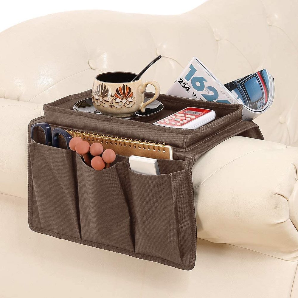 Sofa Armrest Organiser with Cup Holder Tray 6 Pockets TV Remote Control Organizer Sofa Couch Armchair Caddy Organiser Tidy Pocket Hanging Storage Bag Holder for Cellphone Magazine Drinks Snacks