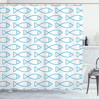 Ambesonne Under The Sea Shower Curtain, Swimming Fish of Underwater Wild Life Maritime Animal Illustration, Cloth Fabric Bathroom Decor Set with Hooks, 69" W x 70" L, Blue White