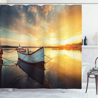 Ambesonne Lake House Shower Curtain, Small Boat on The Water with Horizon and Overcast Dramatic Sky Harbor Home, Cloth Fabric Bathroom Decor Set with Hooks, 69" W x 70" L, Pale Yellow