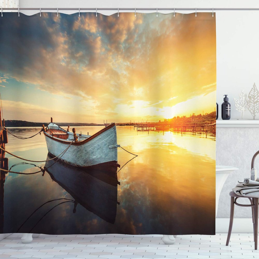 Ambesonne Lake House Shower Curtain, Small Boat on The Water with Horizon and Overcast Dramatic Sky Harbor Home, Cloth Fabric Bathroom Decor Set with Hooks, 69" W x 70" L, Pale Yellow