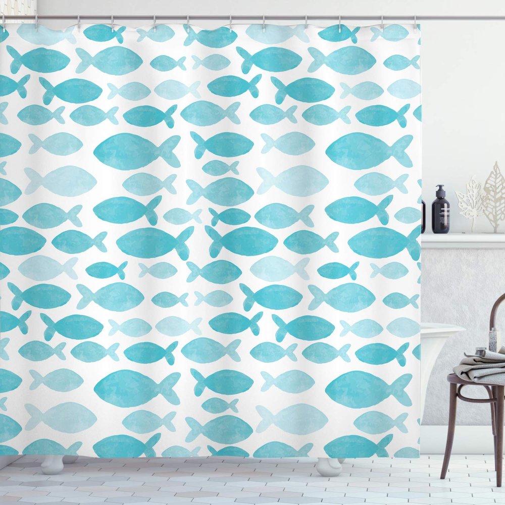 Ambesonne Fish Shower Curtain, Sea Animal in Watercolors Brushstrokes Theme, Cloth Fabric Bathroom Decor Set with Hooks, 69" W x 84" L, White Blue