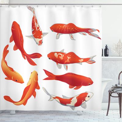 Ambesonne Koi Fish Shower Curtain, Koi Fish Band Chinese Fortune and Power Tranquility Image, Cloth Fabric Bathroom Decor Set with Hooks, 69" W x 75" L, Orange White