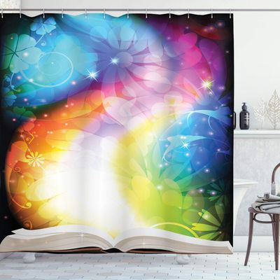 Ambesonne Magic Shower Curtain, Psychedelic Open Book of s on Gradient Rainbow Color Floral Background, Cloth Fabric Bathroom Decor Set with Hooks, 69" W x 70" L, Indigo Lime Green Sky Blue